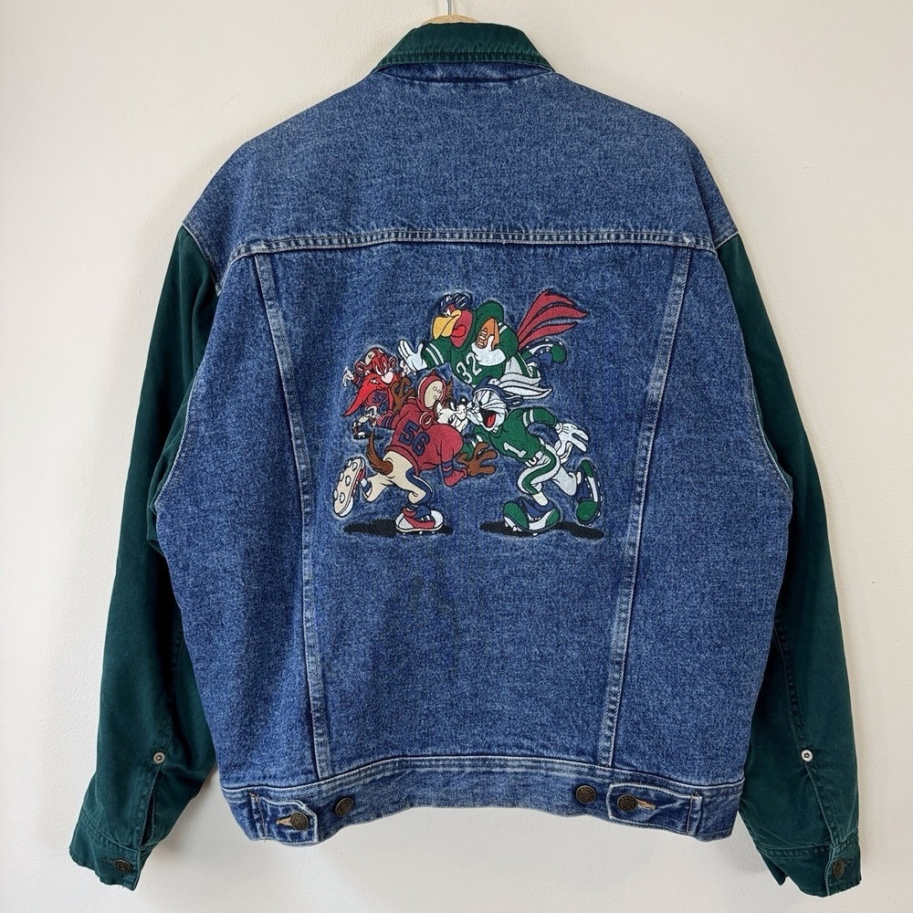 Vintage 90's Looney Tunes ACME Bugs Bunny Football Lined Denim Jacket - Large
